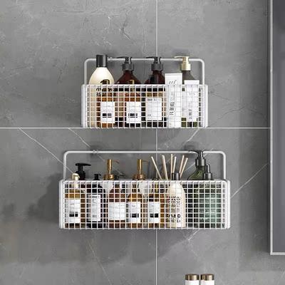 Non Perforated Bathroom Shelf Storage Basket with Hooks for Wall Storage Toiletries Shampoo and Shower Gel Storage