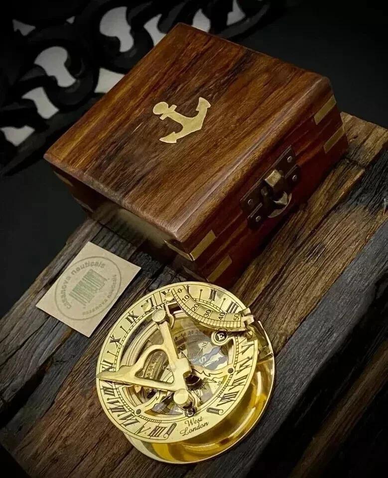 Nautical Compass - Brass Sundial Compass with Wooden Box - Christmas Gift -