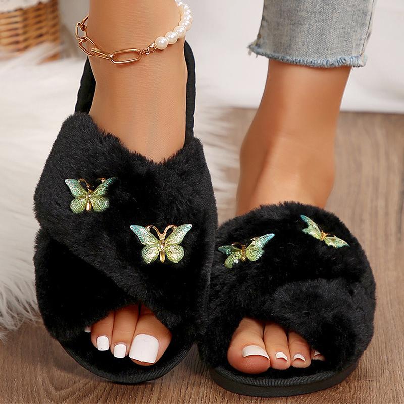 

Fashion Black Cross Strap Cotton for Women Winter Fashion Butterfly Detor Fur Slides Woman Light Slip On House Plush Slippers Female 36-37 зелений