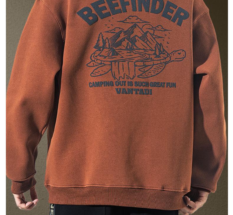 Men's Trendy Brand Heavyweight Round Neck Sweatshirt - Autumn Loose Casual Print with Velvet Long Sleeves