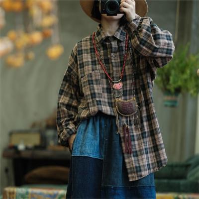 Damen Vintage Karomuster Hemden Oberteile Umlegekragen Langarm Herbst Knöpftaschen Damen Blusen
