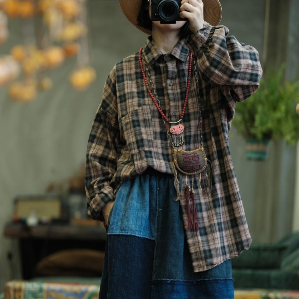 Johnature Women Vintage Plaid Shirts Tops Turn-down Collar Long Sleeve Autumn Button Pockets Female Blouses