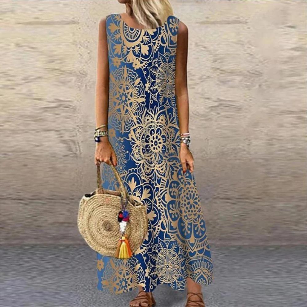 Ärmelloses Damenkleid mit Aufdruck, Rundhalsausschnitt, Gerader lockerer Schnitt, Modisch, Elegant für den Arbeitsweg, Lang, Lässig, Frühling, Sommer, Neu