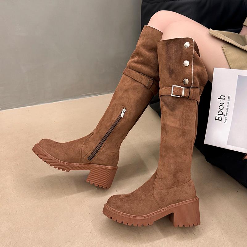 Long Women Boots Fur High Heels Designer Suede Shoes Chunky Fashion Winter Boots  Knee High Fashion Pumps Dress Ladies Boots