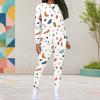 Women Plus Size White Printed Round Neck Long Sleeve Top And Fitted Pants Two Piece Set