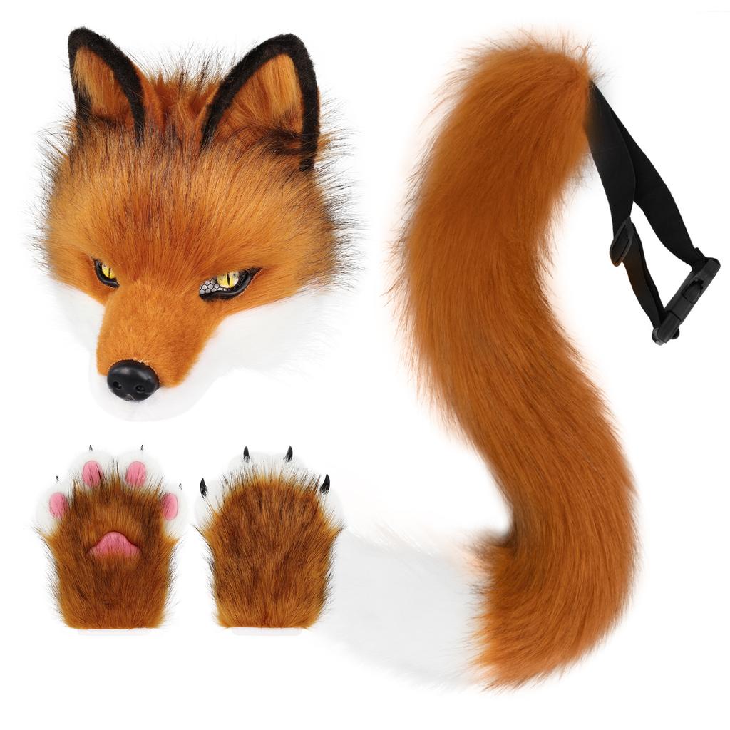 Halloween Party Plush Simulated Fox Tail Half-Face Mask and Animal Claw Glove Set cos Props