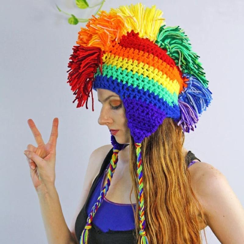 Halloween Funny Hat Roman Knight Hat Rainbow Striped Beanie Knit Beanie Earflap Hooded Rainbow Novelty Hat
