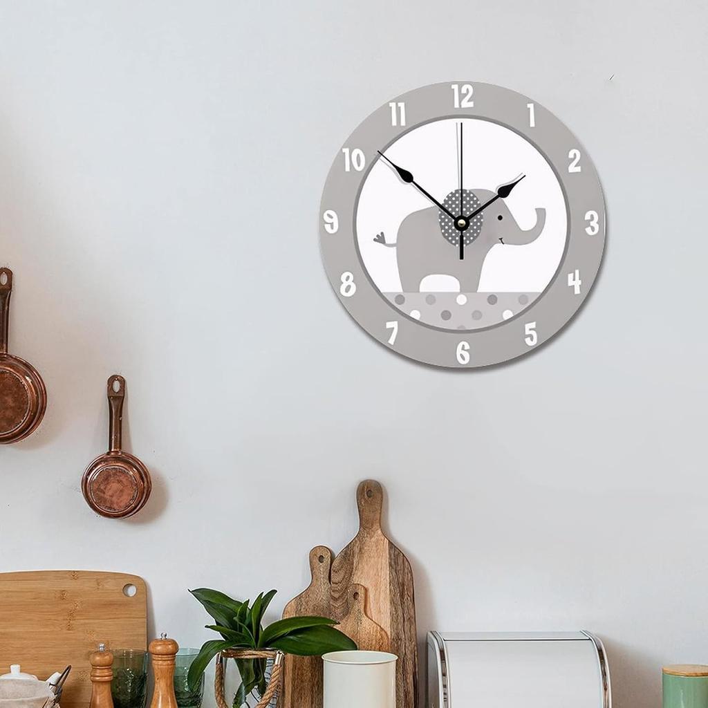 ArogGeld Gray and White Elephant Wall Clock Nursery Wood Clock 10 Inch Silent Non-Ticking Wooden Wall Clocks Battery Operated Living Room Bedroom