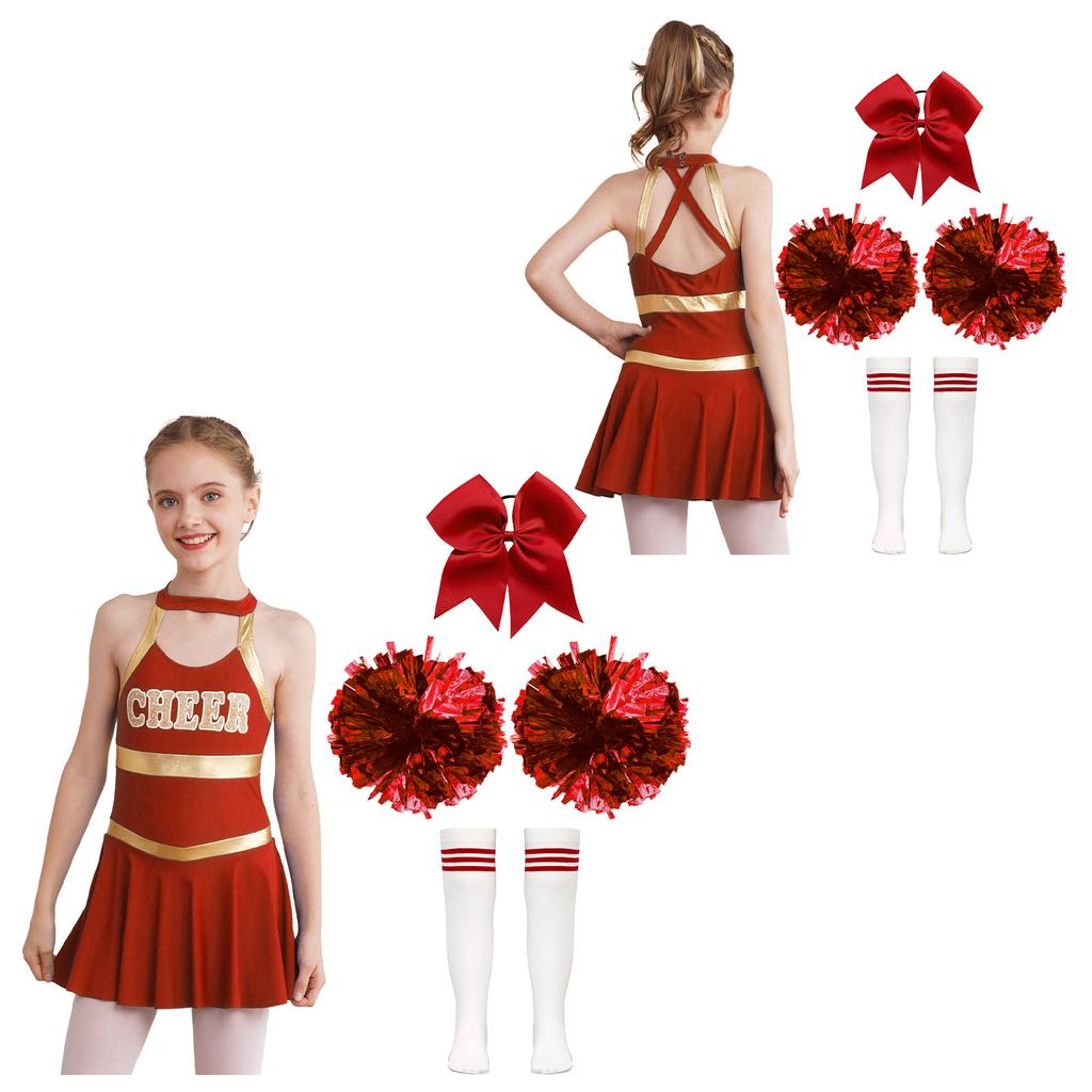 Girls Cheerleading Outfit Letter Print Patchwork Crisscross Straps Hollow Back Sleeveless Dance Dress Bowknot Headwear Hand Flowers Socks