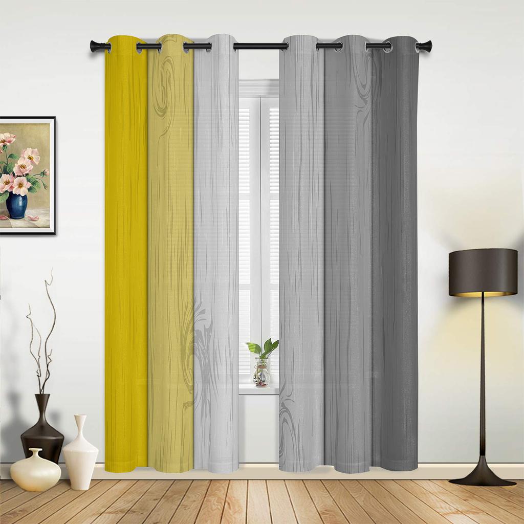Window Curtains for Living Room Retro Yellow Gray Gradient Wood Grain Curtains for Child Bedroom Kitchen Decor Blinds Drapes