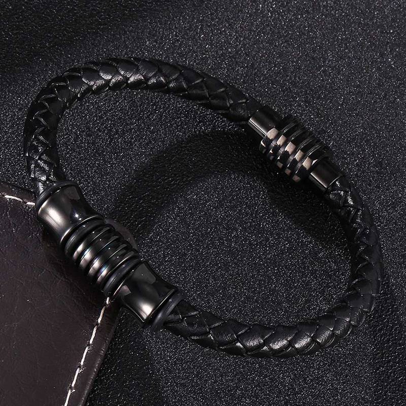 Fashion Jewelry of Men Genuine Leather Bracelet Black Creative Design Stainless Steel Buckle Man Charm Bangle