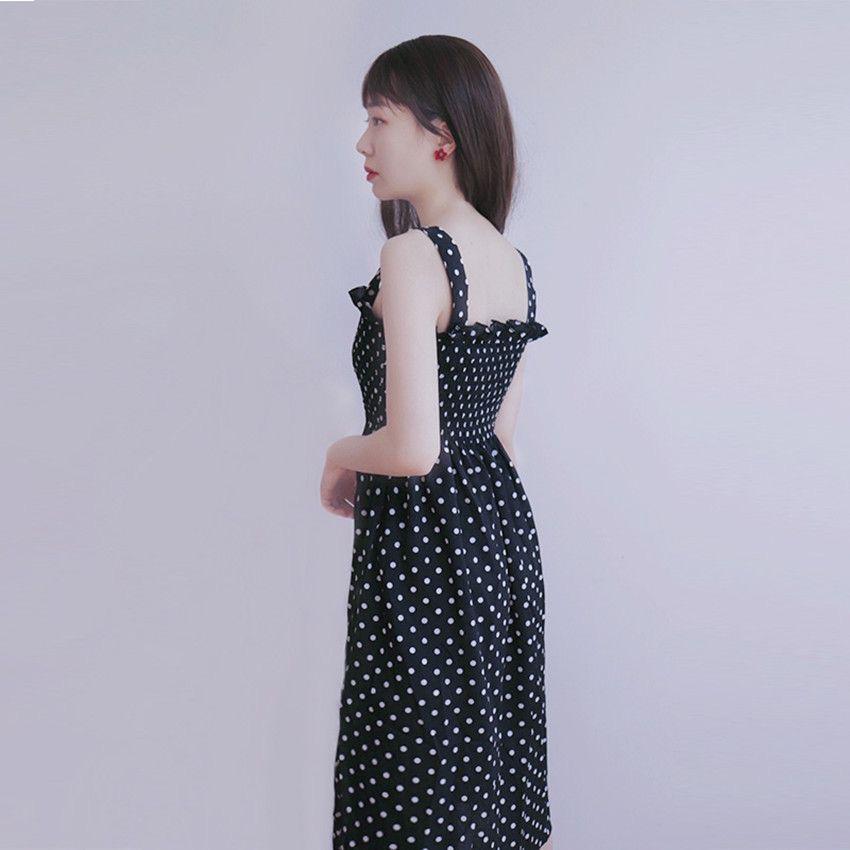 Women's Summer Strap Pleated Chiffon High-rise Mini Polka-dot Print Dress