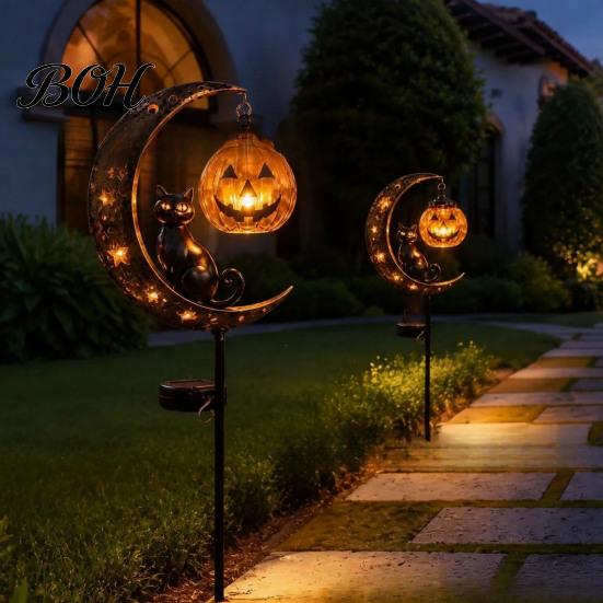 Easy Install Decorative Stakes Halloween Solar Garden Light, Black Cat Pumpkin Moon Stake Pathway Lights for Home Courtyard Waterproof LED Yard