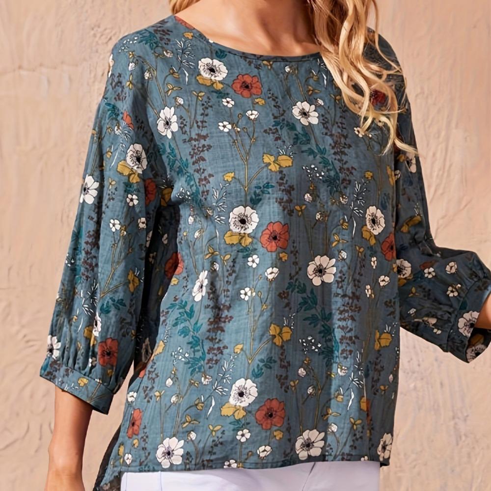 Plus size women's casual shirt, floral print round neck lantern sleeve loose top, women's office casual top