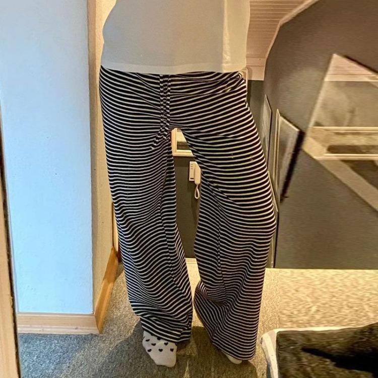 New High Waist Loose Straight Leg Pants for Women American Style Casual Striped Trousers with Lace Up