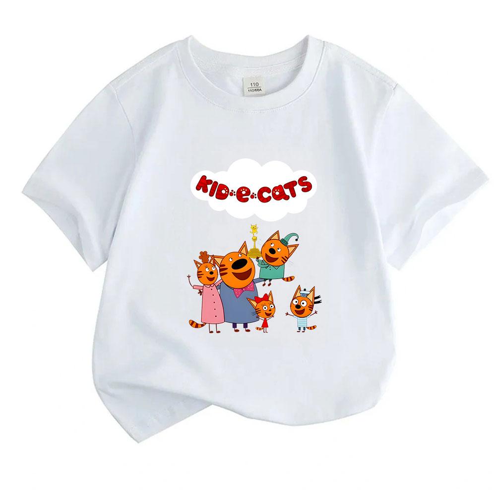 Kids Boys Girls 100% Cotton Crew Neck Short Sleeve T-Shirt, Cute Orange Cat Family Kidecats Pattern Casual Breathable Soft Tee Top for Daily Play Scho