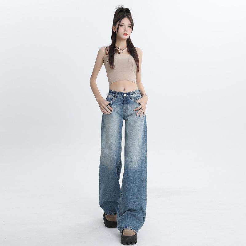 Summer Vintage Washed Relaxed Straight Drape Floor Wide Leg All Match Denim Pants For Ladies Casual Pants Oversize Denim Trousers