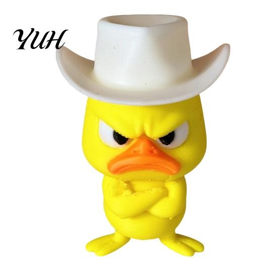 Cute Animal Sculptures Angry Duck Desk Figurine, 3D Printed Yellow Office Decoration with Cowboy Creative Birthday Gifts Hat, Little Ornament for Home