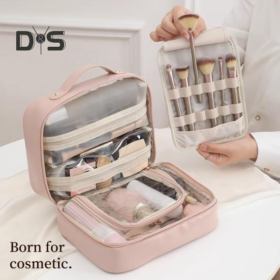 

1 Set Cosmetic Bag with Makeup Brush Portable Waterproof Faux Leather Large Capacity Zipper Closure Multi Pockets Outdoor Travel Cosmetic Case Toilet коричневый