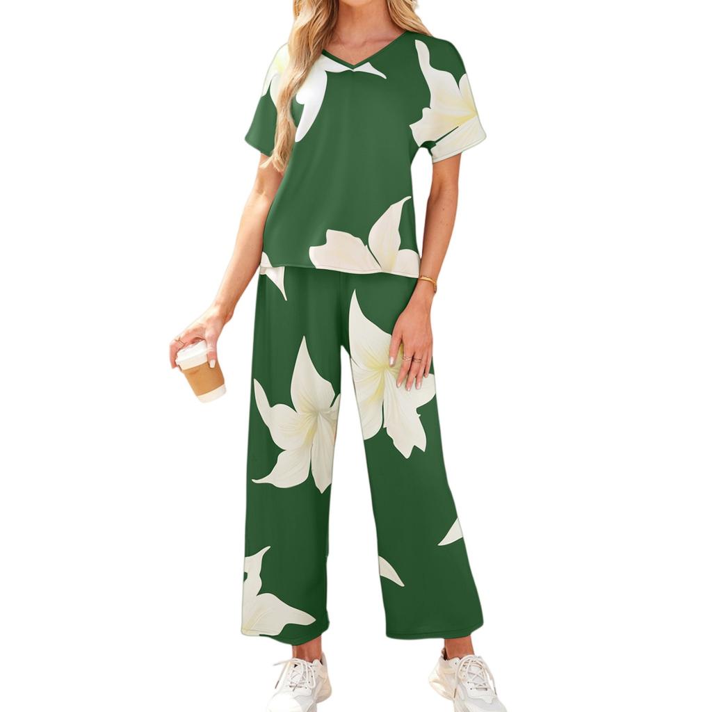 Women's Casual Vacation V-Neck Sleeve Top And Trousers Fashion Print Two Piece Set