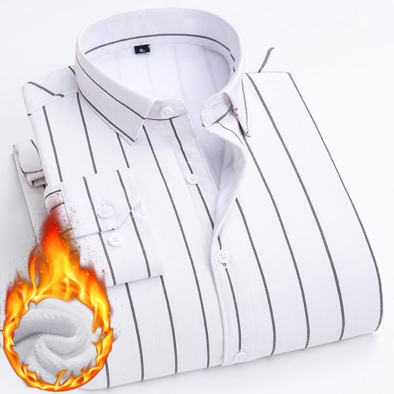 Winter Men's Warm Shirt Long Sleeve Cotton Fleece Thickened Casual Middle-aged Striped Shirt Top