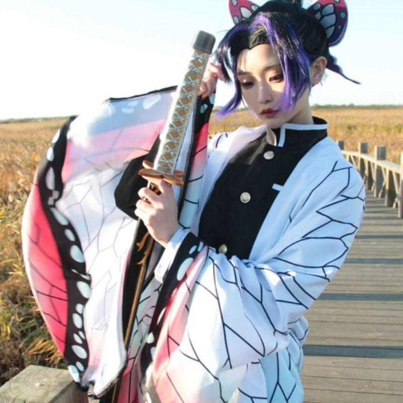 Anime Demon Slayer Kimetsu No Yaiba Kochou Shinobu Cosplay Kostýmní sada paruk Kimono Jednotné halloweenské anime kostýmy pro dospělé děti