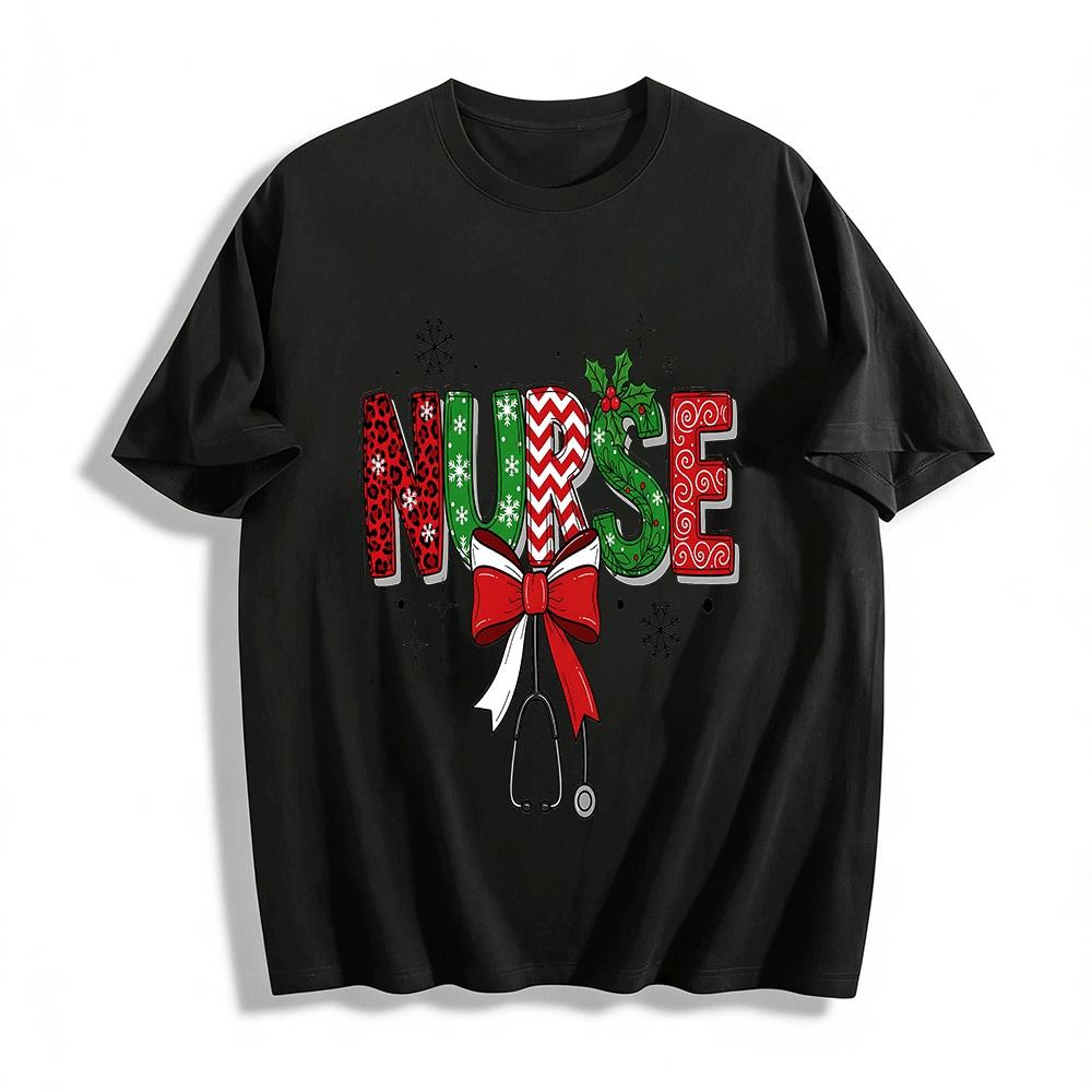 Christmas Themed Nurse Print Top Holiday Style Casual T-Shirt Pure cotton T-shirt XXS