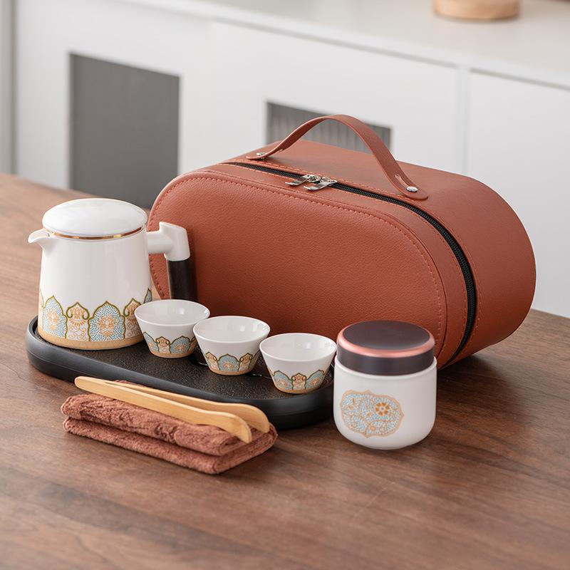 High-end Leather Bag Travel Kung Fu Tea Set Ceramic One Pot Three Four Six Cups Company Commemorative Gift