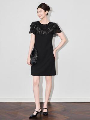 French Light Luxury Sequin Embroidered Mesh Dress with Round Neck
