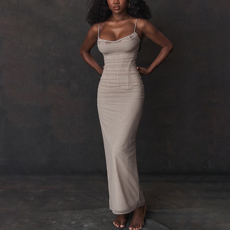 Mesh Dressins Fashion Style Women's Clothing Fashion Sexy Suspenders Low-Cut Slim Fit Hip-Wrapped Mesh Length Dress