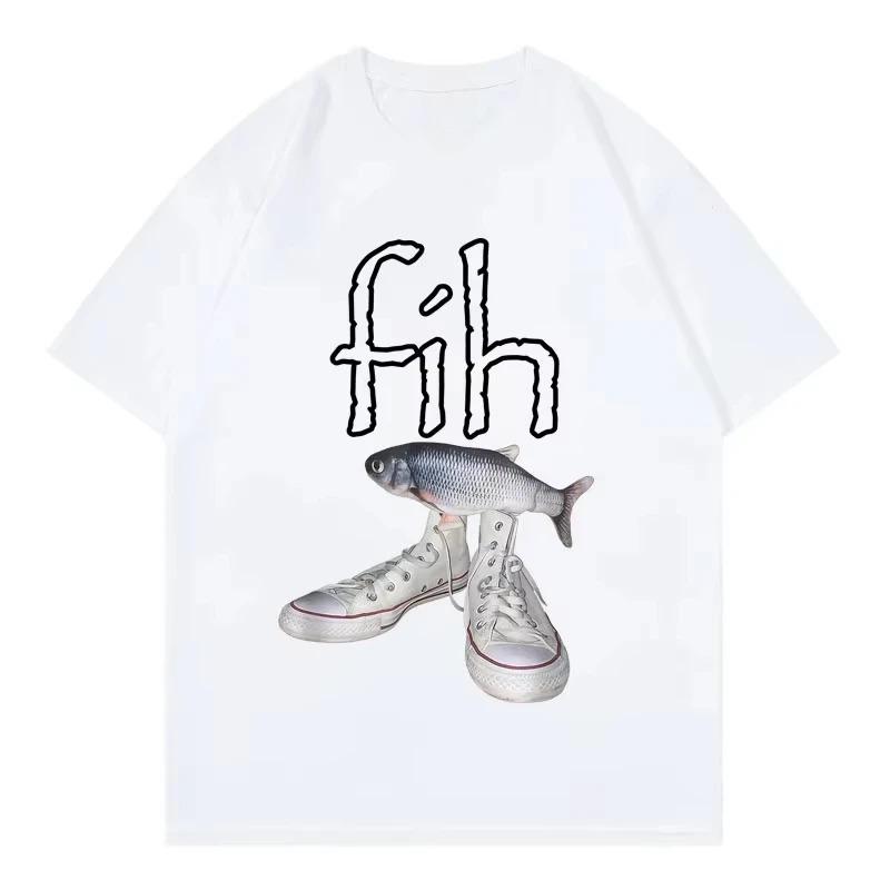 Funny New Style Hot Sale Fih Shoes Graphic T Shirts Misspelled Fish Meme Men Casual Fashion Short Sleeve T-shirt 4XL