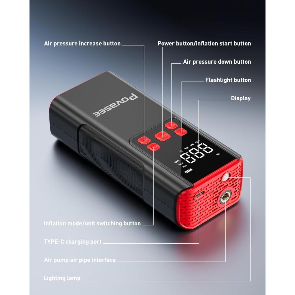 Tire Inflator Portable Air Compressor Povasee 150PSI Portable Air Pump for Tires Cordless Car Tire Inflator with LCD Display