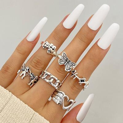Anello vintage con ali d'angelo placcato argento per donna, punk gotico, steampunk, cuore, farfalla, teschio, set di gioielli per feste