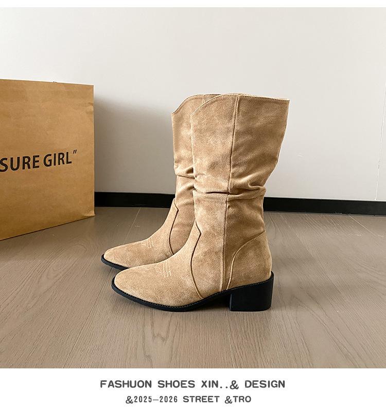 Vintage Khaki V-Mouth Western Cowboy Boots Maillard Medium Boots Children's Medium Knight Boots High Heel Pile Boots