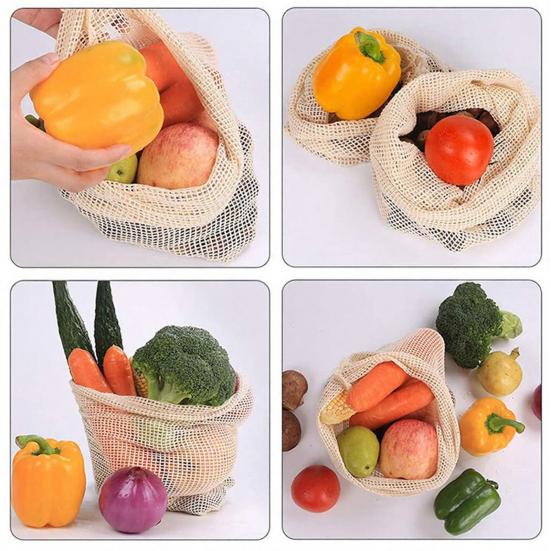 Cotton Mesh Storage Bag with Drawstring Breathable Hollow Design Extends Freshness Reusable Eco-Friendly Supermarket Travel Bag