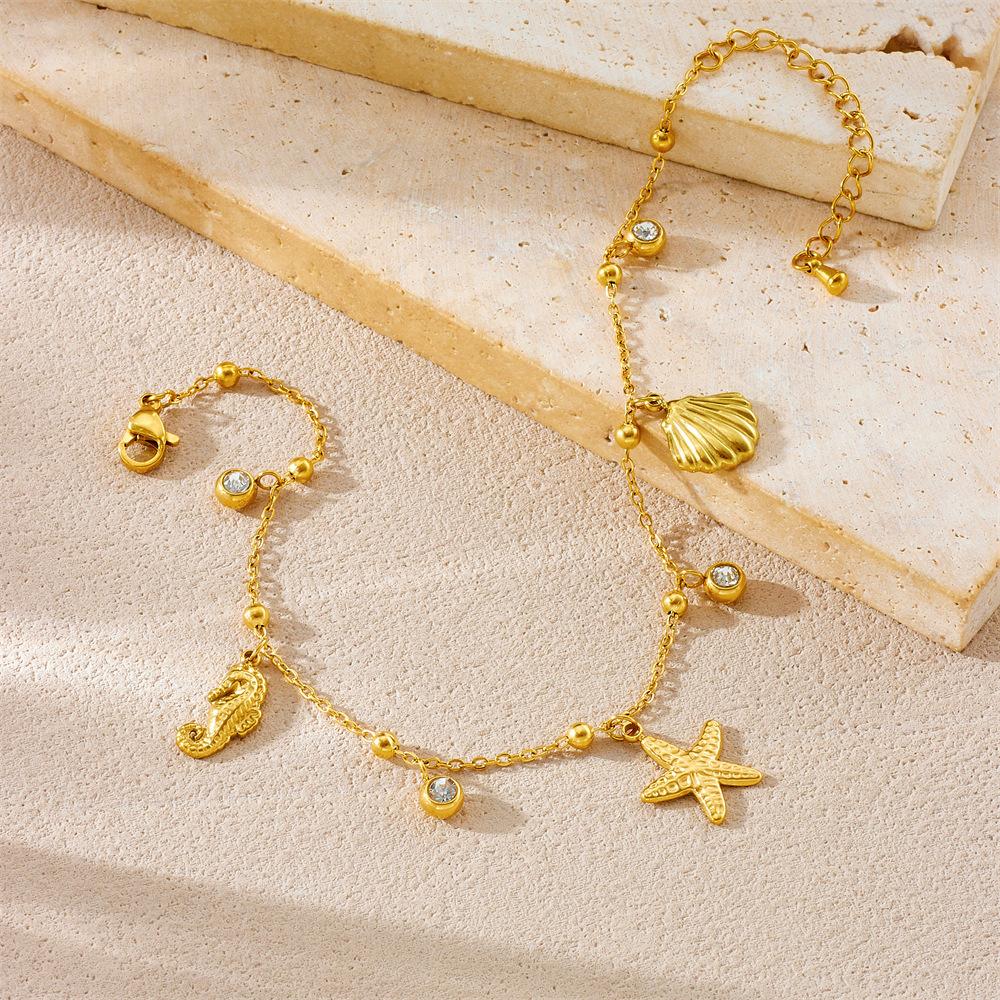 Ocean Starfish Scallop Seahorse Pendant Chain Diamond Inlay Anklet Foot Jewelry for Women