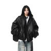 Unisex Oversized Black Leather Jacket Fall Casual Streetwear Short Cropped Hooded Biker Style