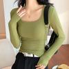 U-neck Sweater Solid Color Slim Knitted Sweater T-shirt Long-sleeved Top Low-neck Inner Layer Slim Pullover Women's Clothing