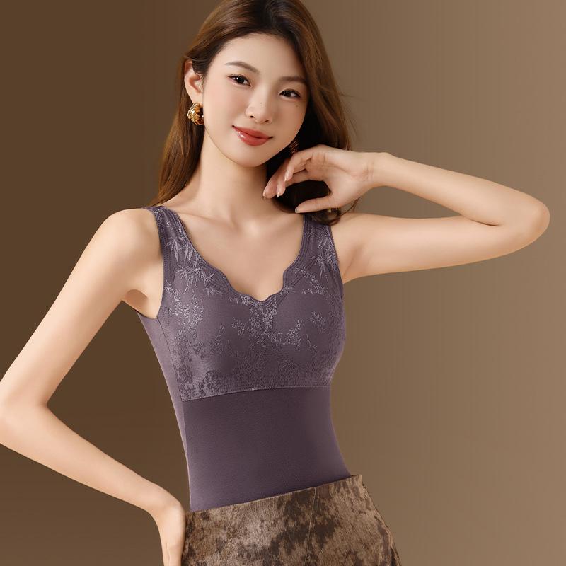 

Women s Autumn/Winter Embossed Jacquard Warm Vest with Built-in Bra Pads and Plus Velvet Lining XL (50-63kg)