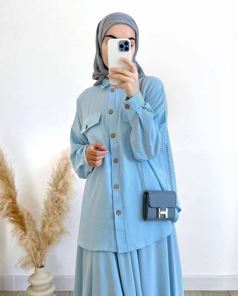 Spring 2024 Women's Muslim Wear: Loose Long-Sleeve Shirt & Midi Skirt Set