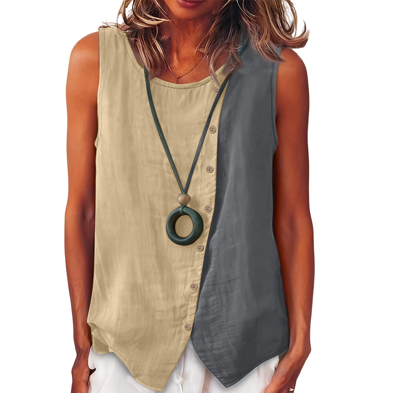 

Ladies Color Blocked Fashionable Temperament Elegant Round Neck Vest Top XL
