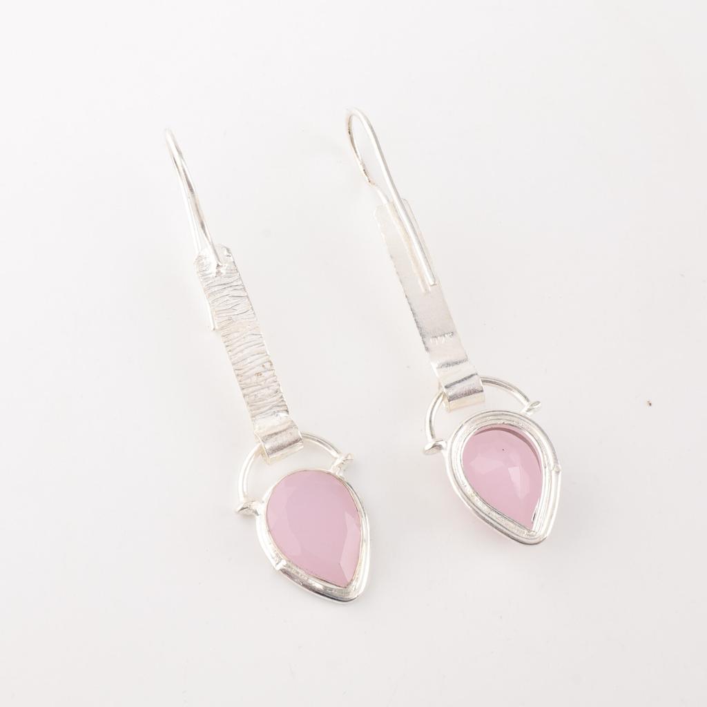Różowy Chalcedon Kamień Szlachetny Srebro Próby 925 Biżuteria Ręcznie Robione Wiszące Kolczyki 2,3" EE-166-15