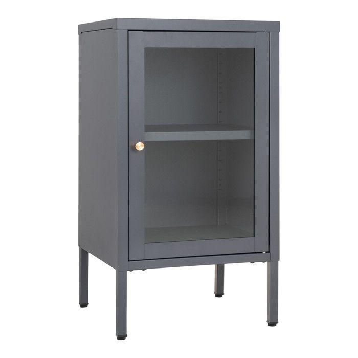 Small Sideboard with 1 Door, 38x35x70 Cm, In Glass and Gray Metal