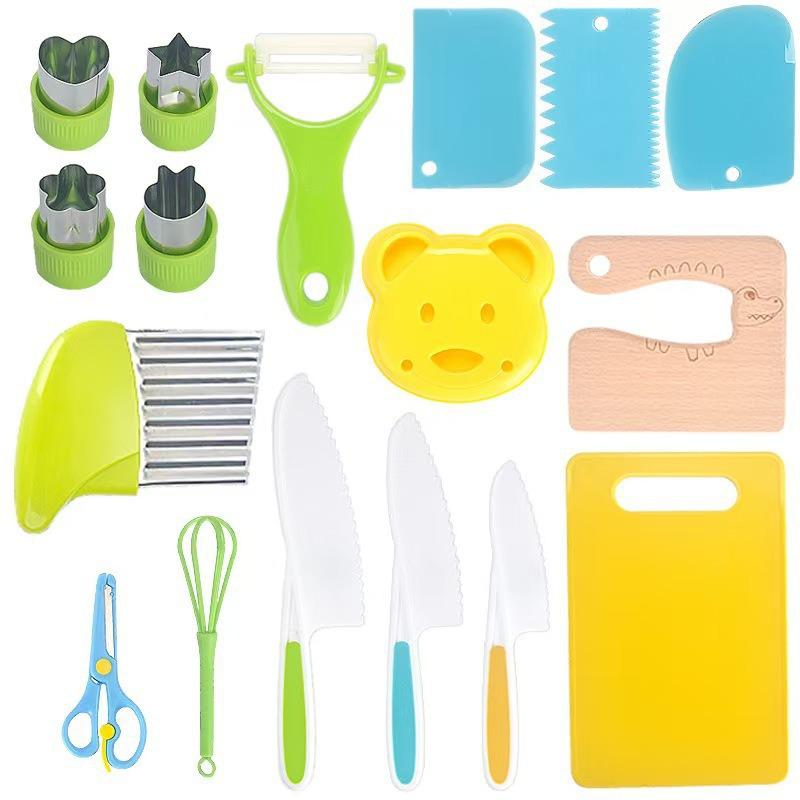 46-Piece Children's Safe Kitchen Set: Plastic Fruit & Vegetable Knives with Embossing Molds and Baby Food Tools. Multiple Styles Available.