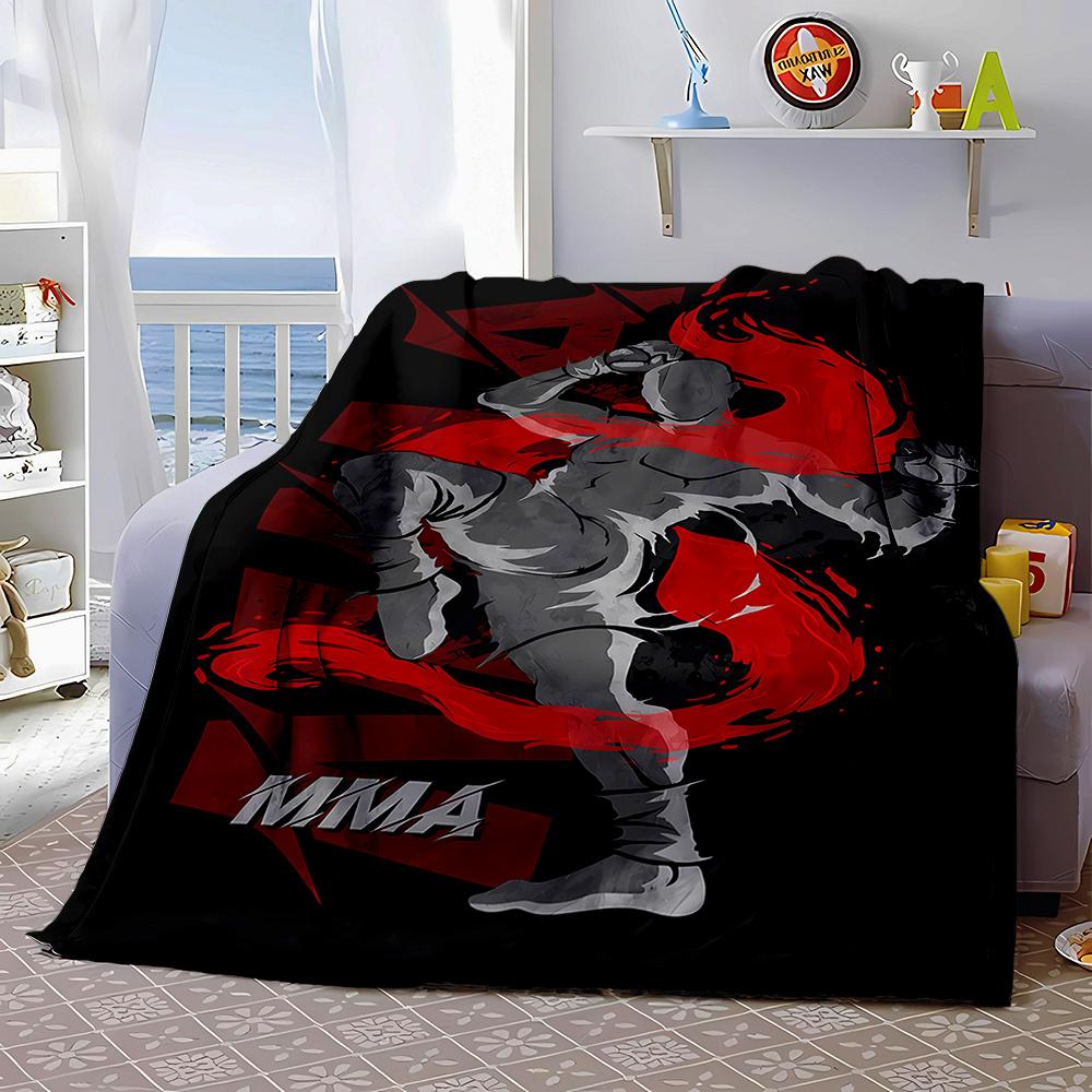 Mixed Color MMA Fighter Printed Flannel Fleece Blanket, Polyester, Reversible, All-Season, Contemporary Style, Cartoon