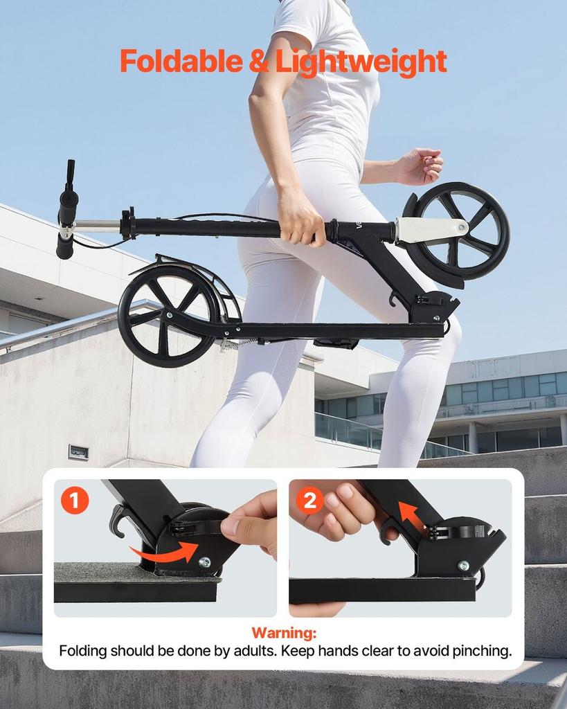 Kick Scooter for Kids Ages 8+, Teens & Adults, 2-Wheel Toddler Scooter with Adjustable Height Handlebar, Wide Anti-Slip Deck, Foldable Lightweight for