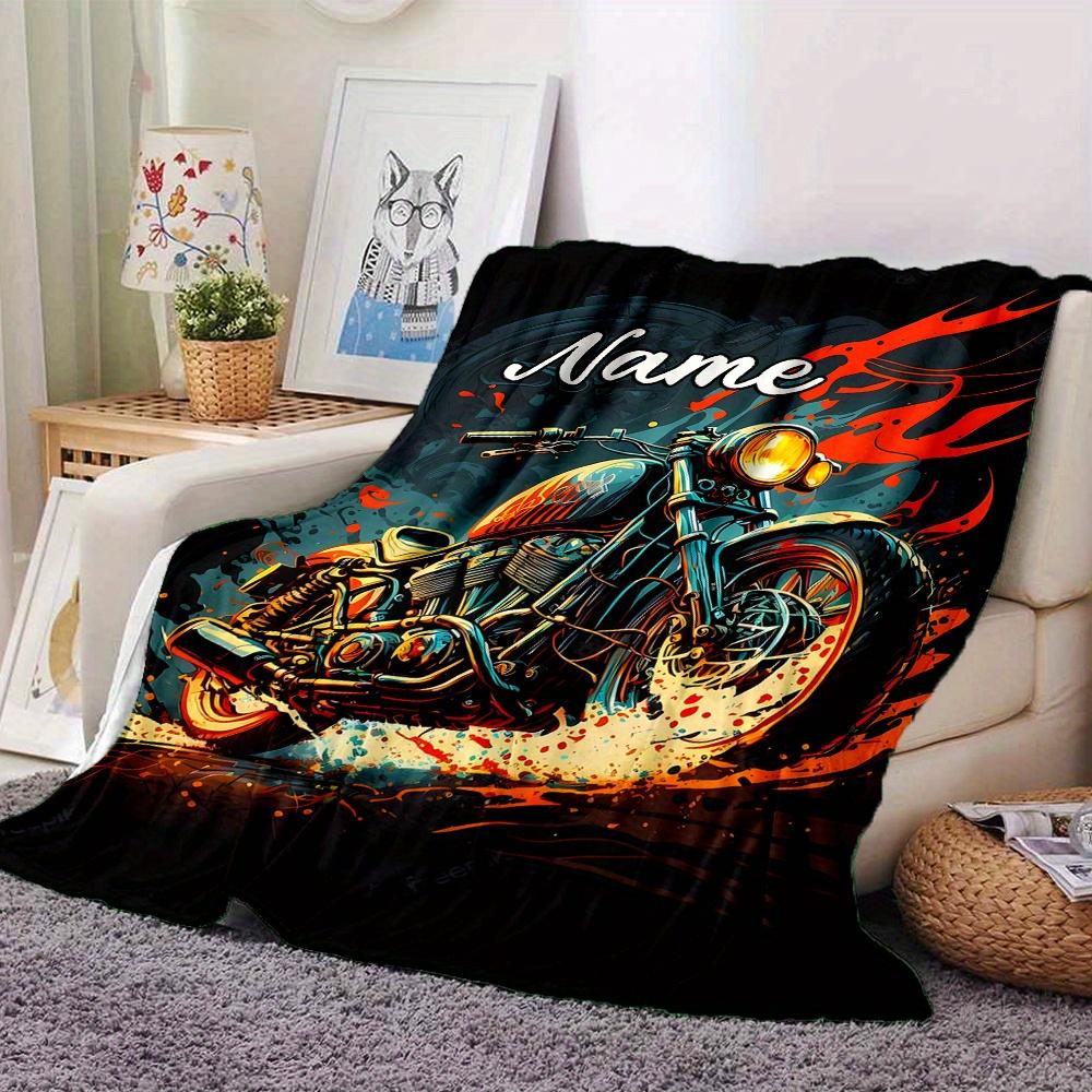 Motorcycle Flames Personalized Name Blanket With Customizable Name Four Seasons Comfortable Shawl Blanket Suitable For Home Travel Camping Office