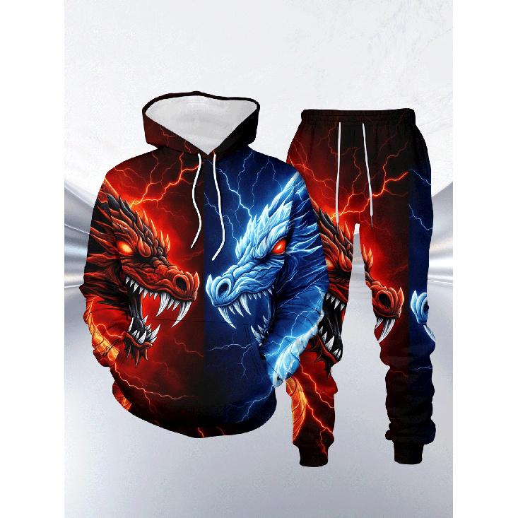 Men s Casual Hooded Sweatshirt 2pcs Set with Ice and Fire Twin Dragons Chinese Style Vs. Fantasy 3D Printing S