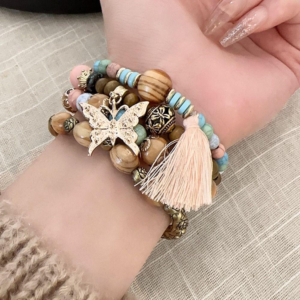 

4pcs/Set Handmade Wood Beads Bracelets Elastic Chain Multilayer Bracelet Girls Style 3