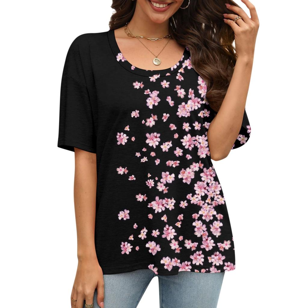 Camisetas Estampadas da Moda Para Mulheres Verão Tops de Manga Curta Blusa Solta com Decote Scoop